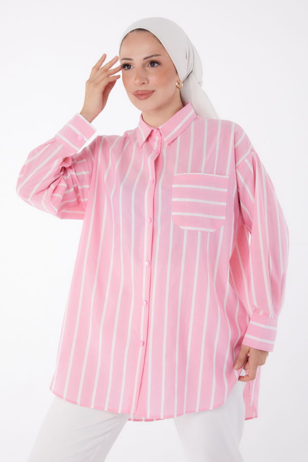 Düz Gömlek Yaka Kadın Pembe Tek Cepli Çizgili Tunik - 25996 PEMBE