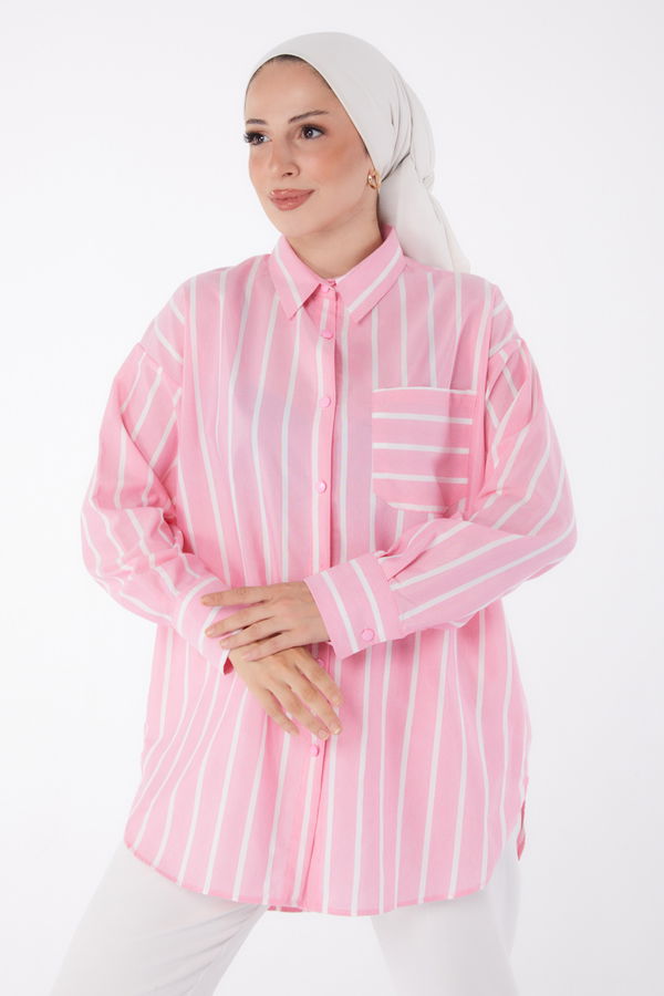 Düz Gömlek Yaka Kadın Pembe Tek Cepli Çizgili Tunik - 25996 PEMBE