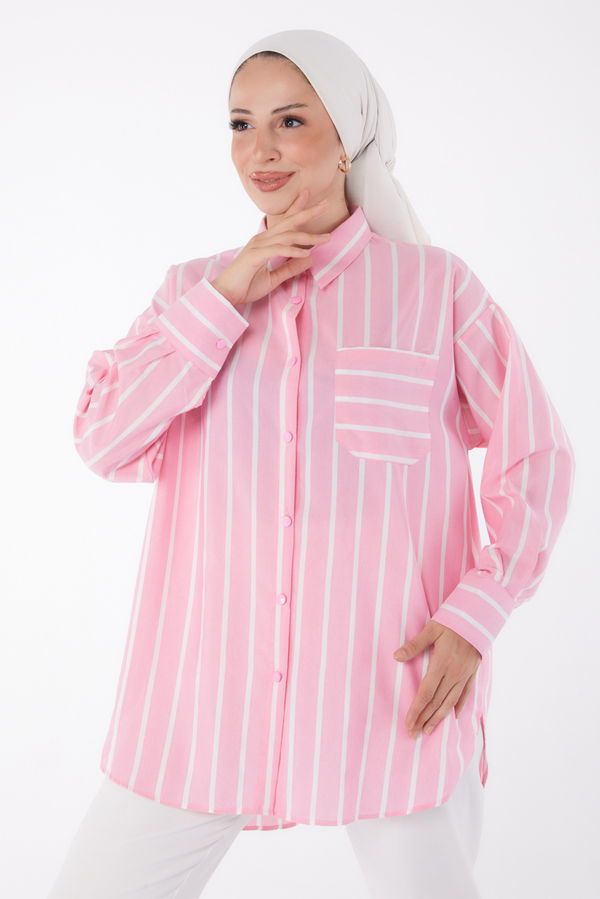 Düz Gömlek Yaka Kadın Pembe Tek Cepli Çizgili Tunik - 25996 PEMBE