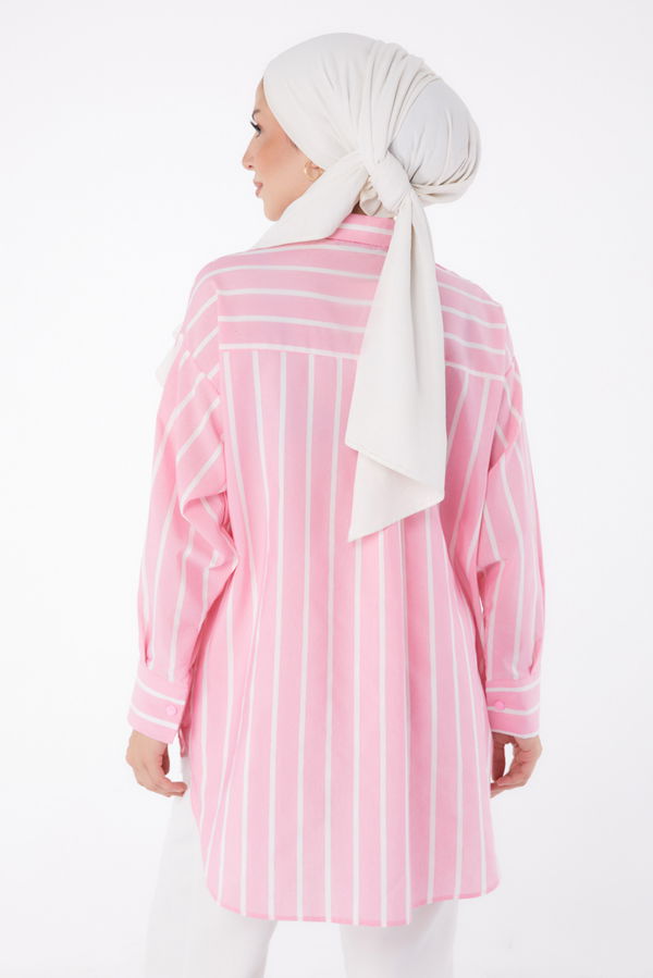Düz Gömlek Yaka Kadın Pembe Tek Cepli Çizgili Tunik - 25996 PEMBE