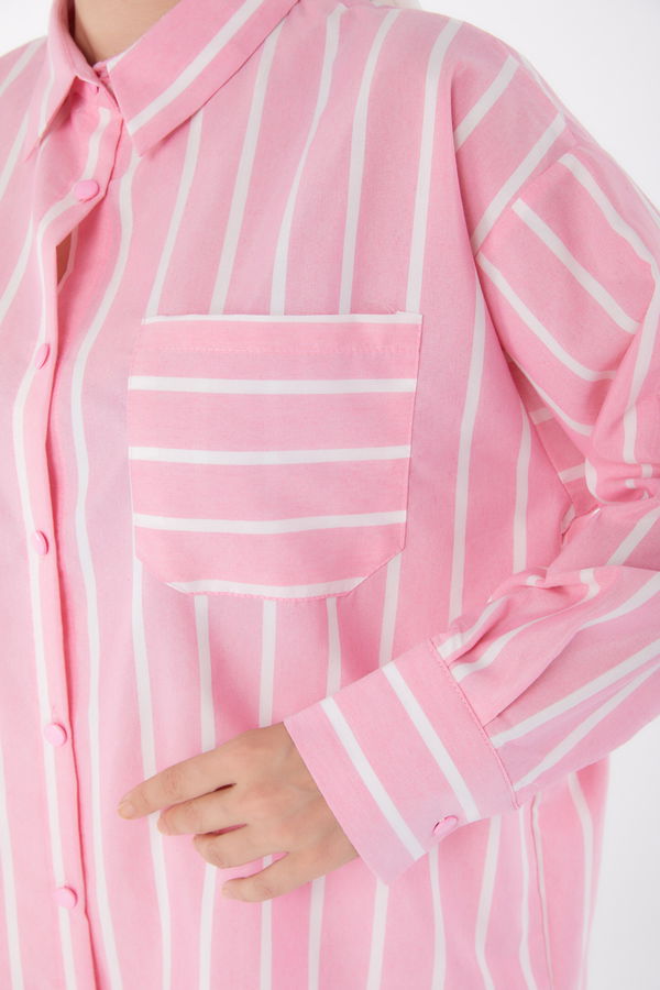 Düz Gömlek Yaka Kadın Pembe Tek Cepli Çizgili Tunik - 25996 PEMBE