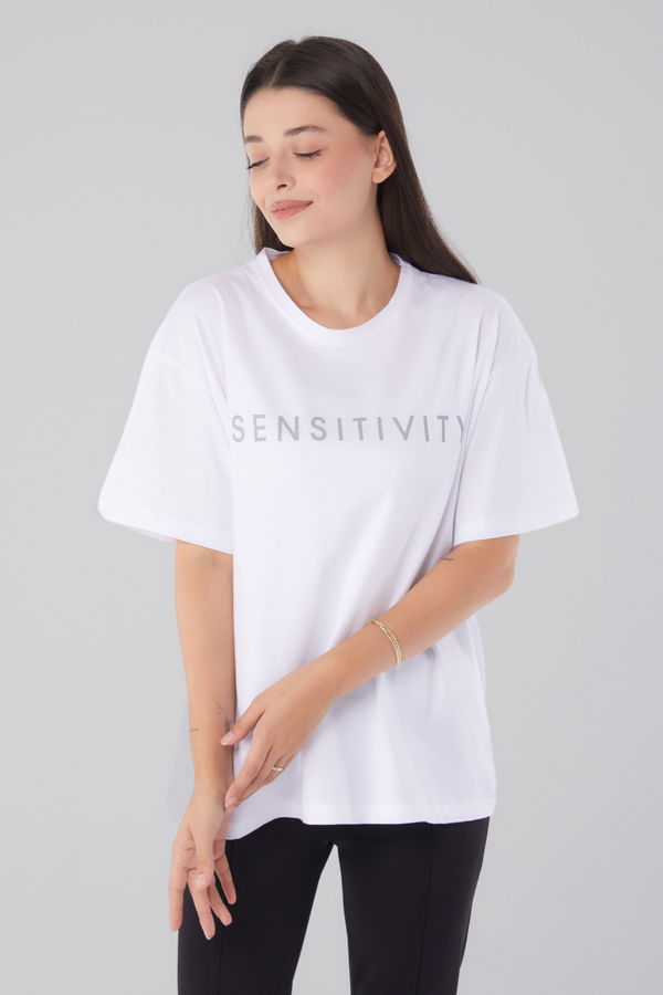 Düz Bisiklet Yaka Kadın Beyaz Kısa Kollu Baskılı T-shirt - 25984