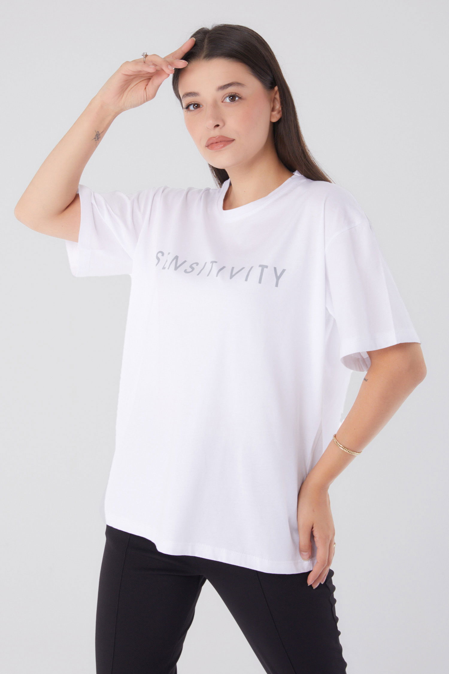 Düz Bisiklet Yaka Kadın Beyaz Kısa Kollu Baskılı T-shirt - 25984