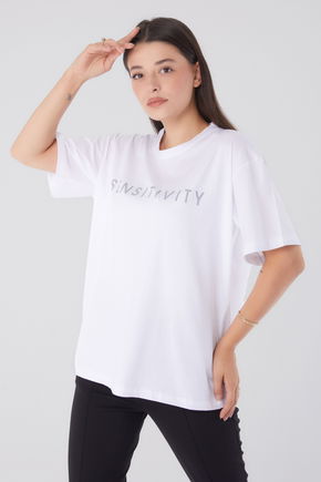 Düz Bisiklet Yaka Kadın Beyaz Kısa Kollu Baskılı T-shirt - 25984