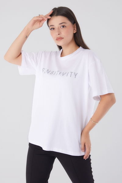 Düz Bisiklet Yaka Kadın Beyaz Kısa Kollu Baskılı T-shirt - 25984