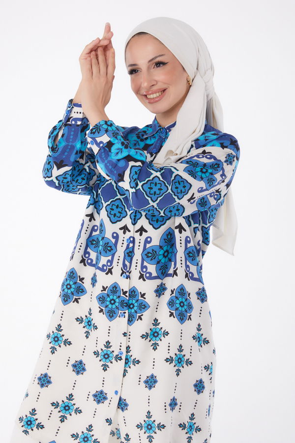 Düz Gömlek Yaka Kadın Mavi Desenli Tunik - 26004 MAVİ
