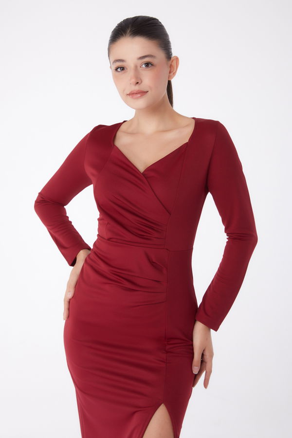 Düz Kruvaze Yaka Kadın Bordo Abiye Elbise - 13254 BORDO