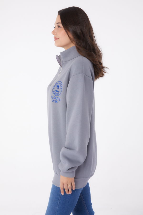 Düz Yarım Balıkçı Yaka Kadın Antrasit Nakışlı Sweatshirt - 26050 ANTRASİT