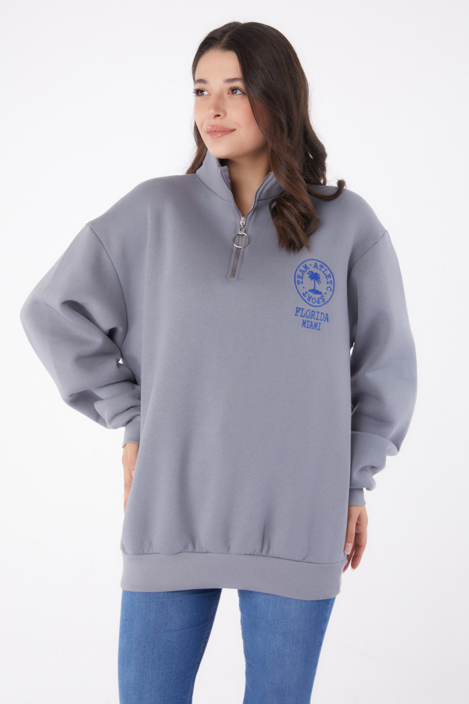 Düz Yarım Balıkçı Yaka Kadın Antrasit Nakışlı Sweatshirt - 26050 ANTRASİT