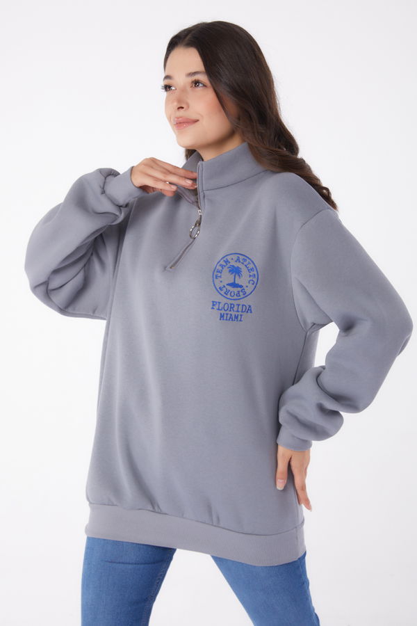 Düz Yarım Balıkçı Yaka Kadın Antrasit Nakışlı Sweatshirt - 26050 ANTRASİT