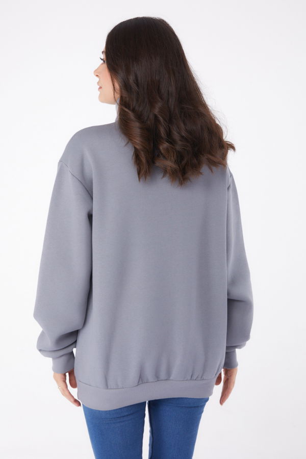 Düz Yarım Balıkçı Yaka Kadın Antrasit Nakışlı Sweatshirt - 26050 ANTRASİT