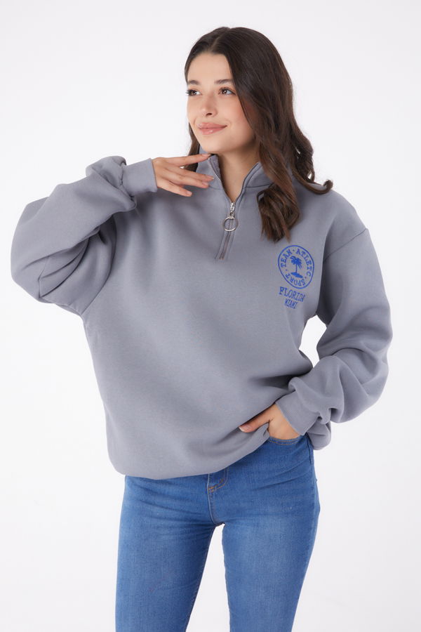 Düz Yarım Balıkçı Yaka Kadın Antrasit Nakışlı Sweatshirt - 26050 ANTRASİT