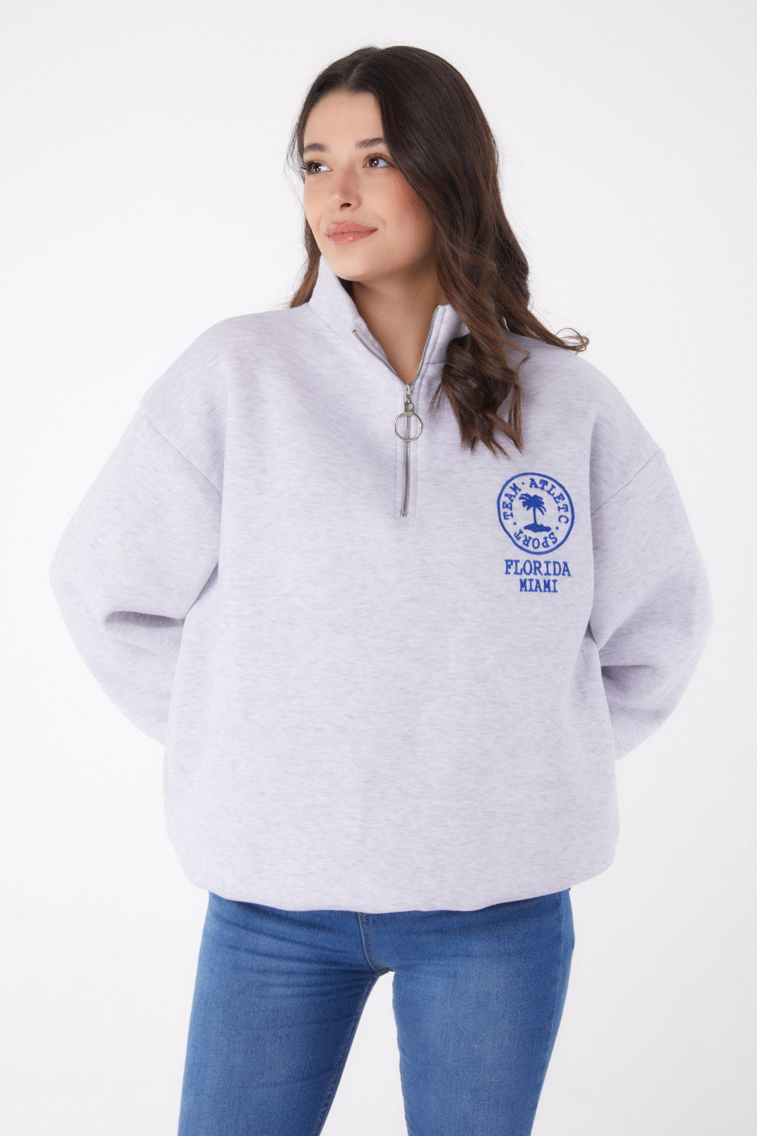 Düz Yarım Balıkçı Yaka Kadın Gri Nakışlı Sweatshirt - 26050