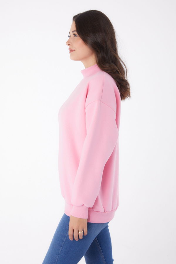 Düz Yarım Balıkçı Yaka Kadın Pembe Sweatshirt - 26047 PEMBE