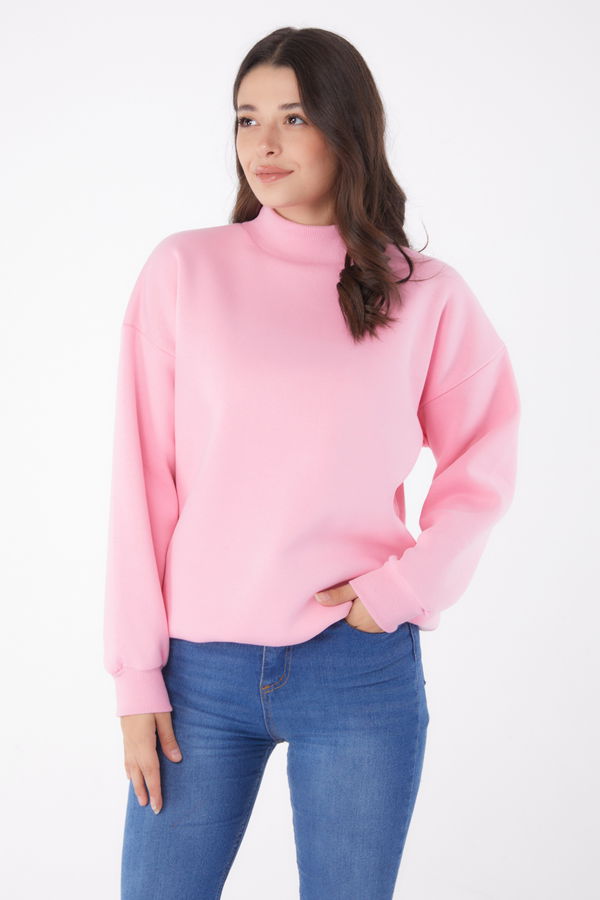 Düz Yarım Balıkçı Yaka Kadın Pembe Sweatshirt - 26047 PEMBE