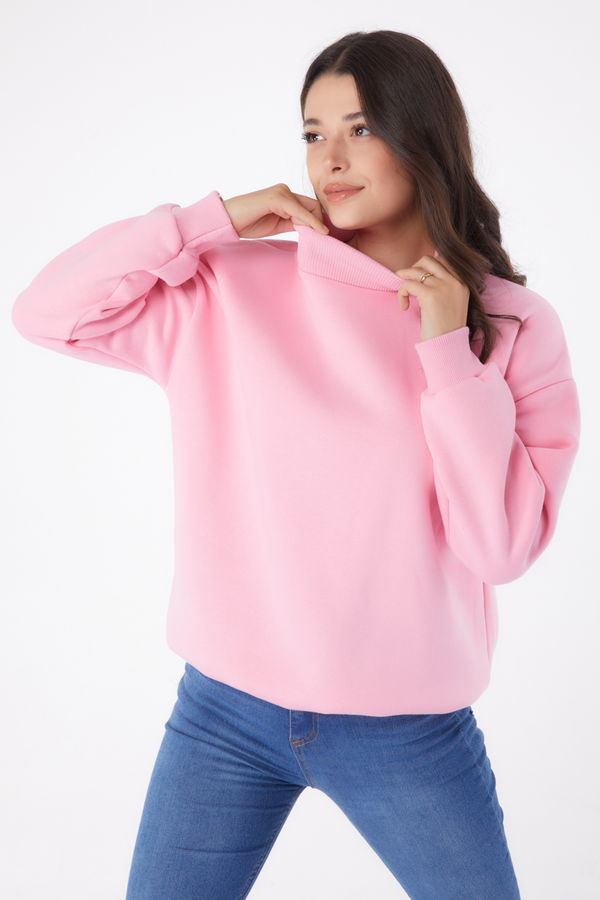 Düz Yarım Balıkçı Yaka Kadın Pembe Sweatshirt - 26047 PEMBE
