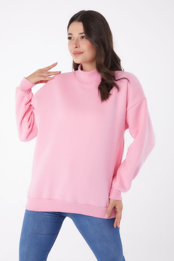 Düz Yarım Balıkçı Yaka Kadın Pembe Sweatshirt - 26047 PEMBE