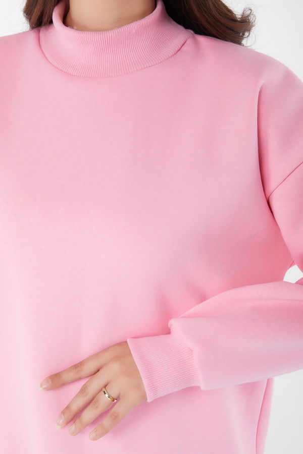 Düz Yarım Balıkçı Yaka Kadın Pembe Sweatshirt - 26047 PEMBE