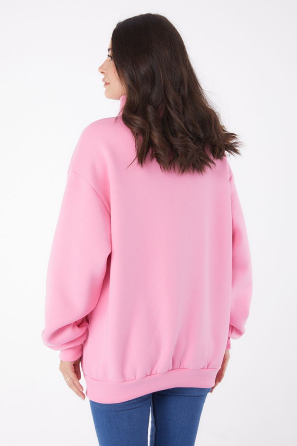 Düz Yarım Balıkçı Yaka Kadın Pembe Nakışlı Sweatshirt - 26050