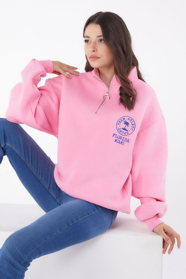 Düz Yarım Balıkçı Yaka Kadın Pembe Nakışlı Sweatshirt - 26050