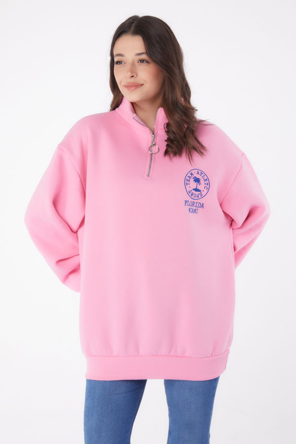 Düz Yarım Balıkçı Yaka Kadın Pembe Nakışlı Sweatshirt - 26050