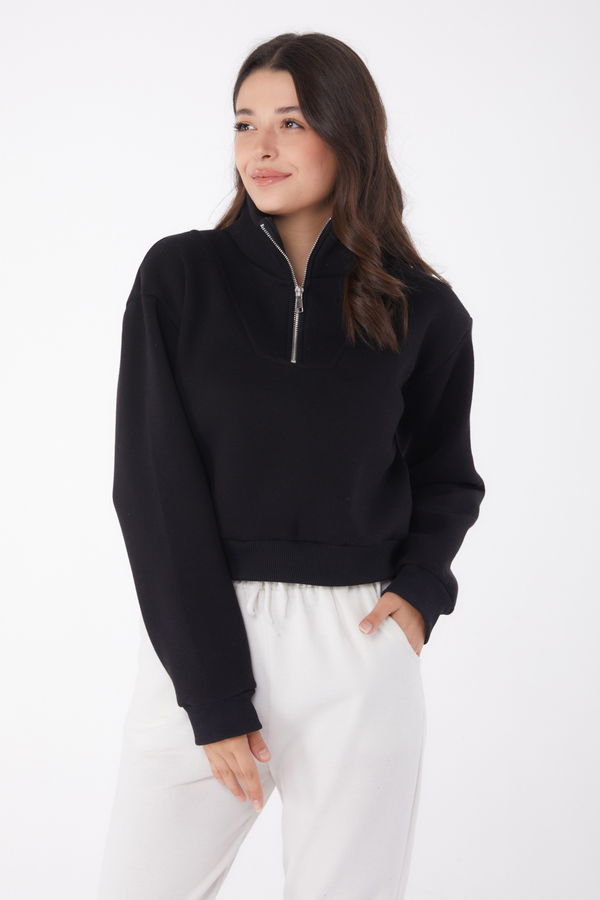 Düz Yarım Balıkçı Yaka Kadın Siyah Fermuarlı Mini Sweatshirt - 26051