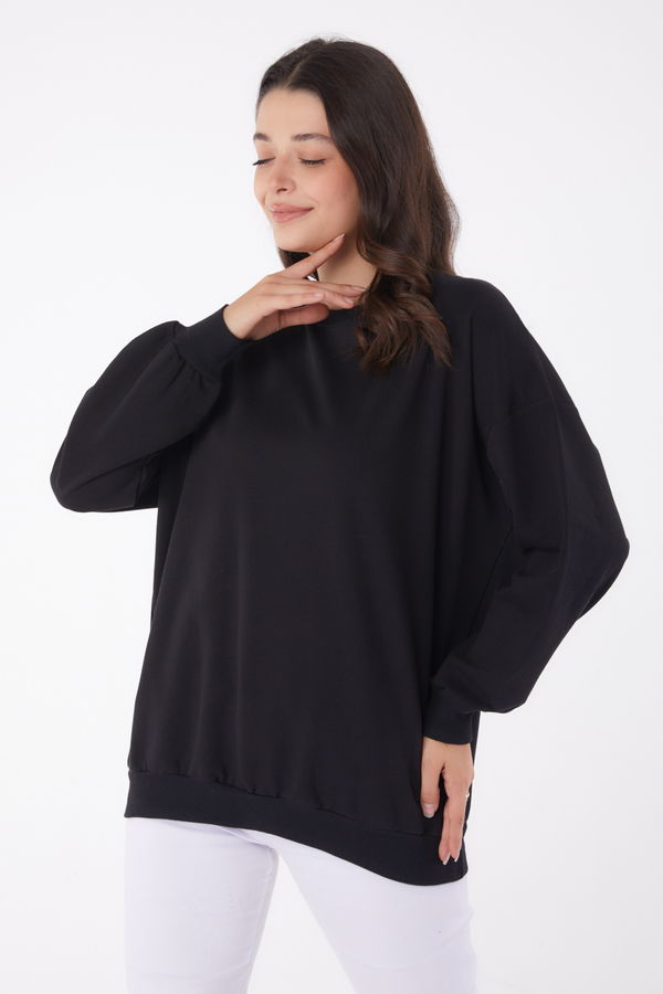 Düz Bisiklet Yaka Kadın Siyah Manşetli Sweatshirt - 26046