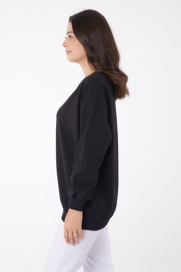 Düz Bisiklet Yaka Kadın Siyah Manşetli Sweatshirt - 26046
