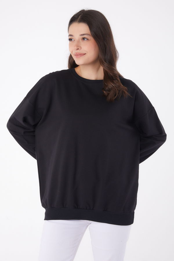 Düz Bisiklet Yaka Kadın Siyah Manşetli Sweatshirt - 26046