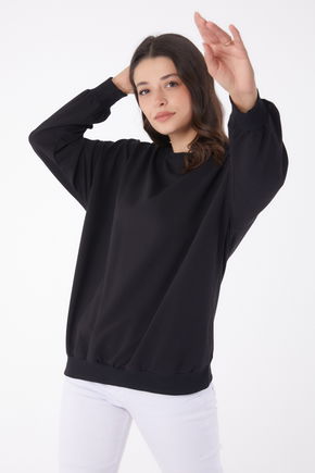 Düz Bisiklet Yaka Kadın Siyah Manşetli Sweatshirt - 26046