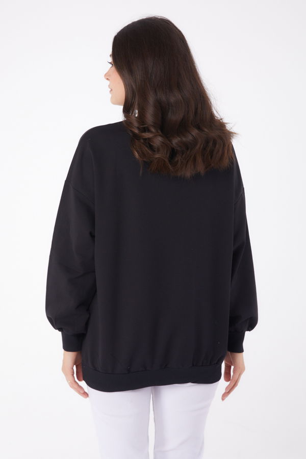 Düz Bisiklet Yaka Kadın Siyah Manşetli Sweatshirt - 26046