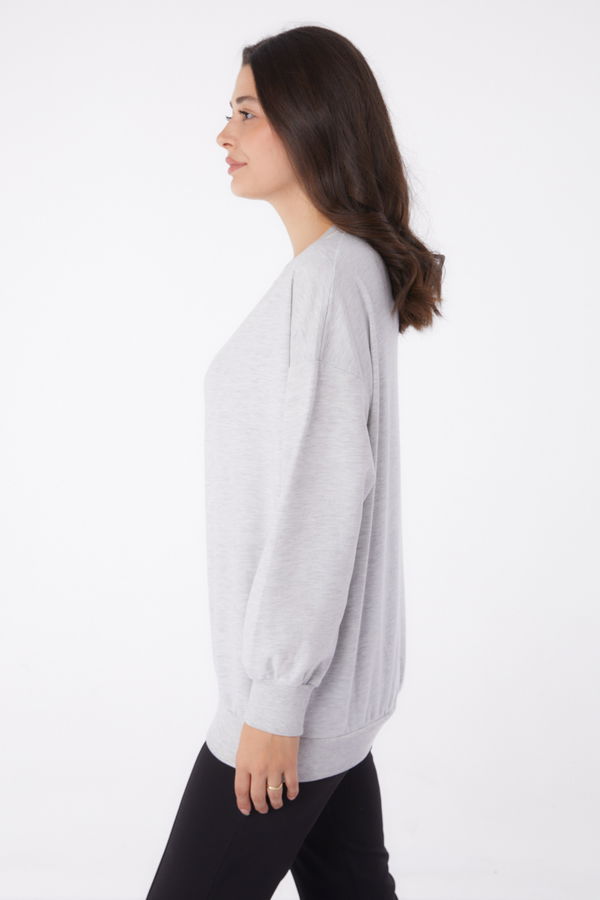 Düz Bisiklet Yaka Kadın Gri Manşetli Sweatshirt - 26046