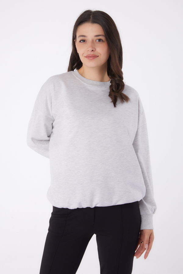Düz Bisiklet Yaka Kadın Gri Manşetli Sweatshirt - 26046