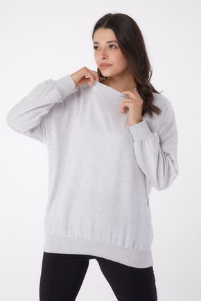 Düz Bisiklet Yaka Kadın Gri Manşetli Sweatshirt - 26046