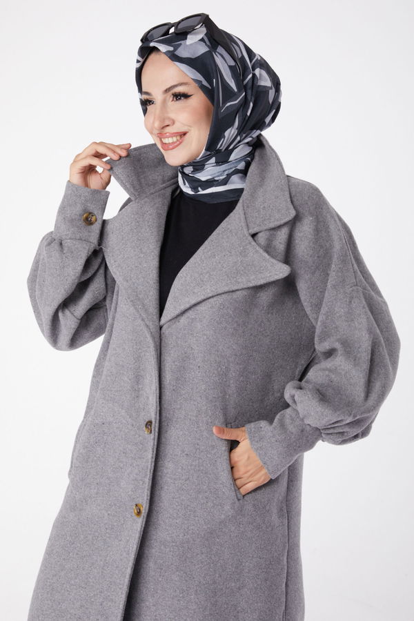 Düz Kruvaze Yaka Kadın Gri Kaşe Kaban - 13289 GRİ