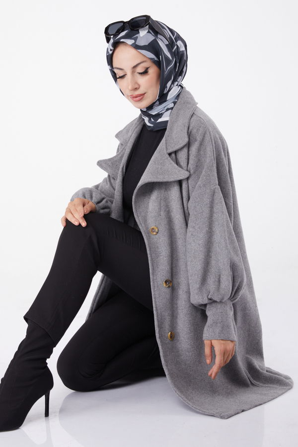Düz Kruvaze Yaka Kadın Gri Kaşe Kaban - 13289 GRİ