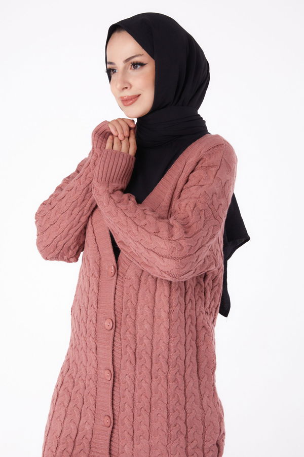 Düz Ceket Yaka Kadın Pembe Triko Hırka - 23093 PEMBE