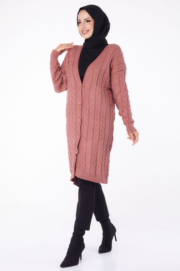 Düz Ceket Yaka Kadın Pembe Triko Hırka - 23093 PEMBE