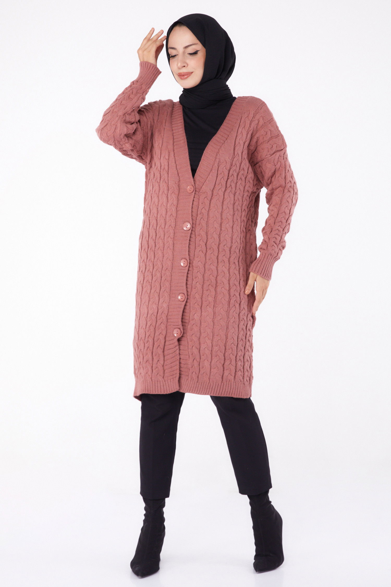 Düz Ceket Yaka Kadın Pembe Triko Hırka - 23093 PEMBE