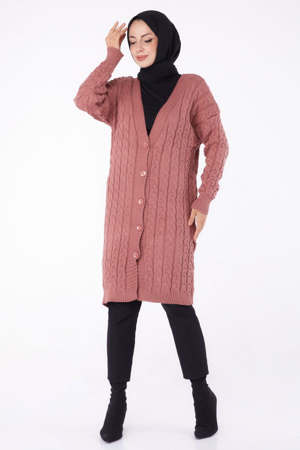 Düz Ceket Yaka Kadın Pembe Triko Hırka - 23093 PEMBE