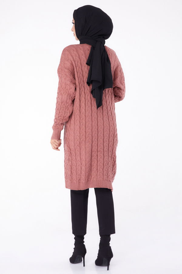 Düz Ceket Yaka Kadın Pembe Triko Hırka - 23093 PEMBE