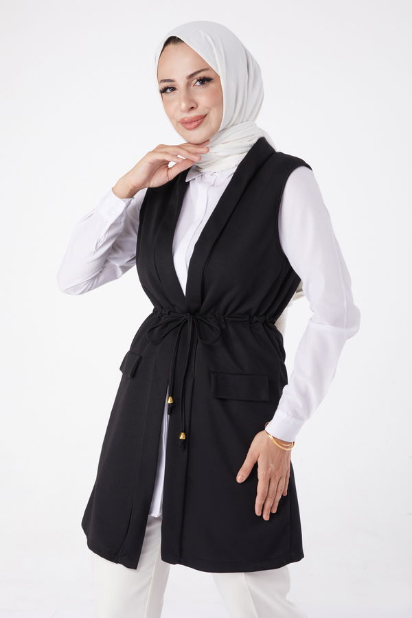 Düz Orta Kadın Siyah Bağcıklı Yelek - 13263