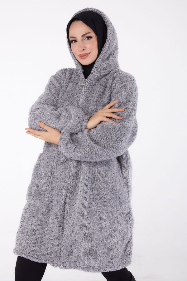 Düz Kapşonlu Yaka Kadın Gri Peluş Uzun Mont - 26460 GRİ
