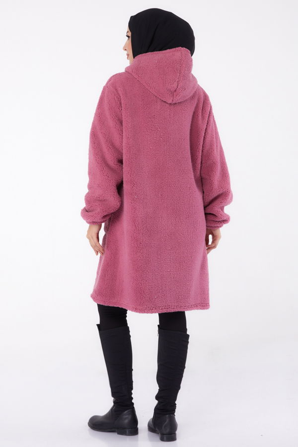 Düz Kapşonlu Yaka Kadın Pembe Peluş Uzun Mont - 26460 PEMBE
