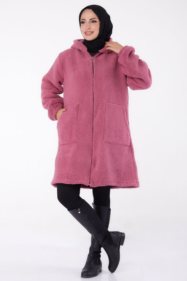 Düz Kapşonlu Yaka Kadın Pembe Peluş Uzun Mont - 26460 PEMBE