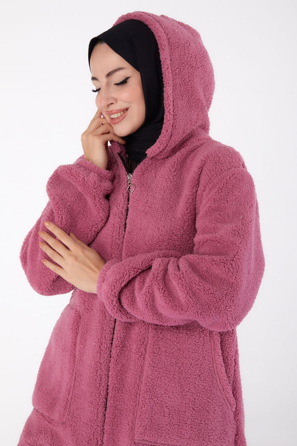 Düz Kapşonlu Yaka Kadın Pembe Peluş Uzun Mont - 26460 PEMBE