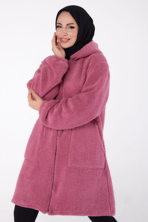 Düz Kapşonlu Yaka Kadın Pembe Peluş Uzun Mont - 26460 PEMBE