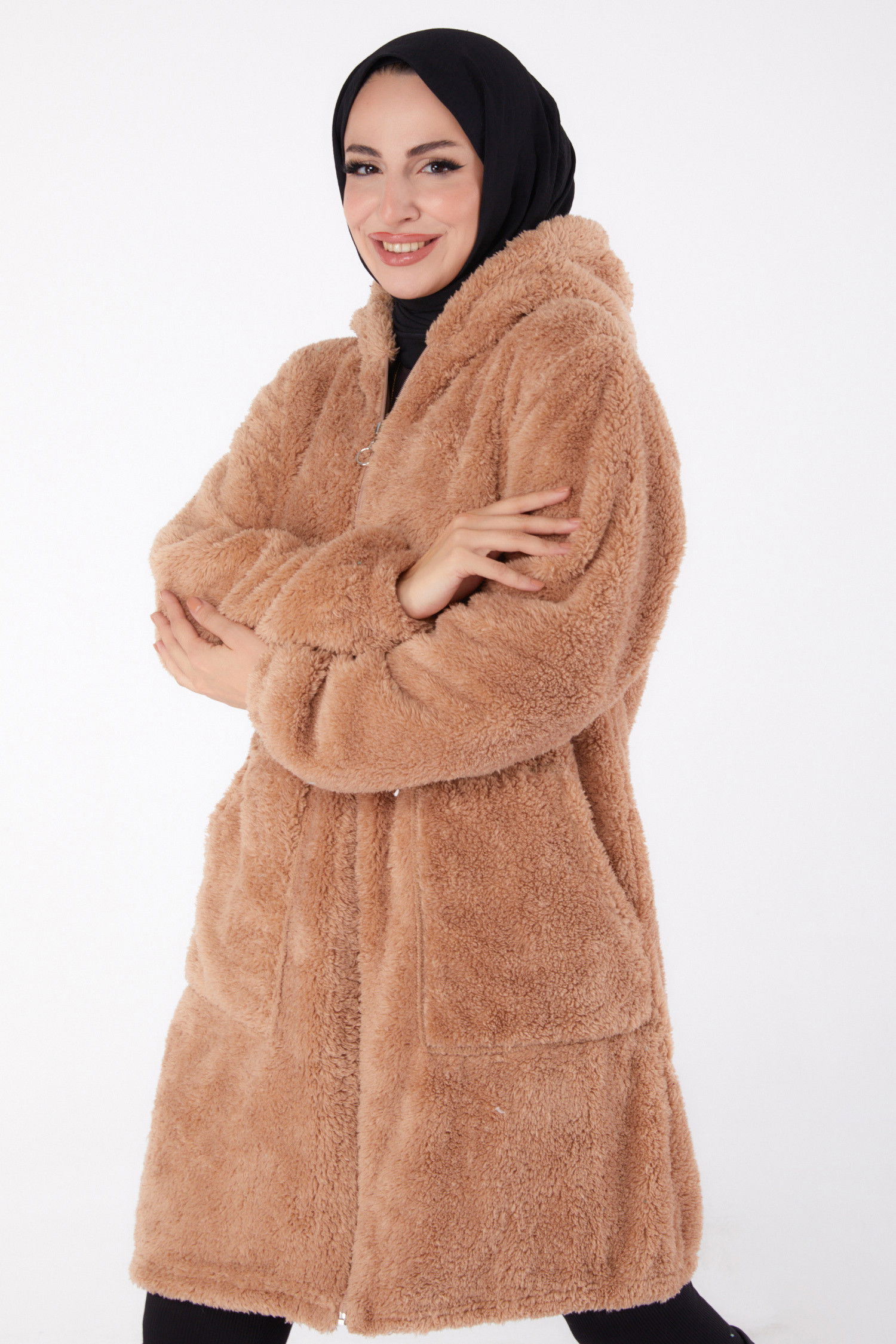 Düz Kapşonlu Yaka Kadın Vizon Peluş Uzun Mont - 26460 VİZON