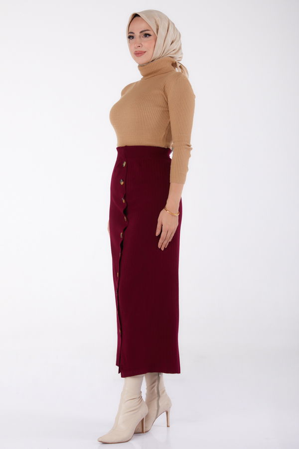 Düz Orta Kadın Bordo Düğmeli Triko Etek - 24722 BORDO