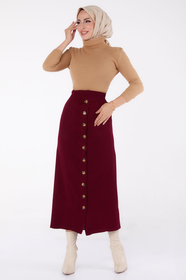 Düz Orta Kadın Bordo Düğmeli Triko Etek - 24722 BORDO